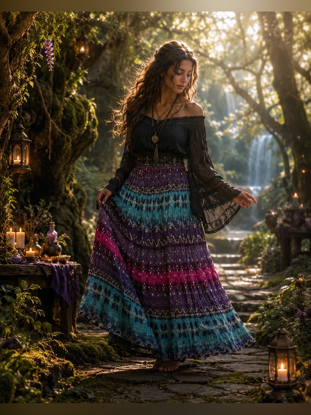 Sacred Threads Boho Maxi Skirt in Teal & Purple and Magenta Cotton Batik OS
